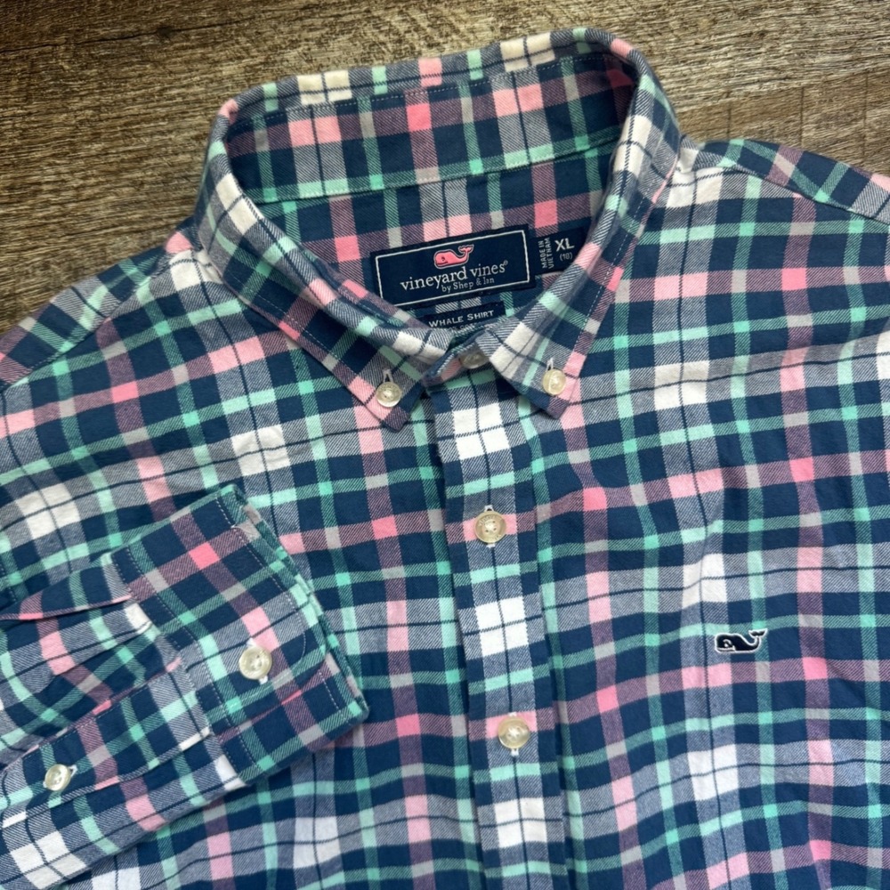 Vineyard Vines Whale Shirt‎ Button Down XL 18 Classic Navy Pink Plaid Cotton